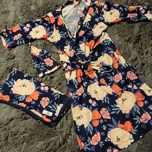 Robe, matching swaddle and baby beanie